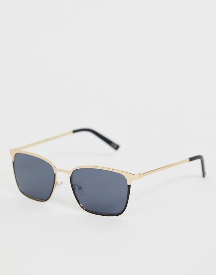 Asos Design Metal Retro Sunglasses In Black With Smoke Lens And Gold Detail - Black