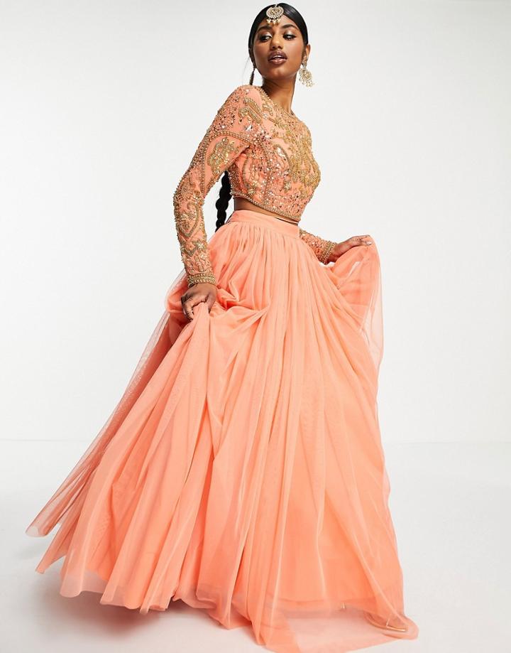 Asos Design Mesh Maxi Lehenga Skirt In Coral-orange
