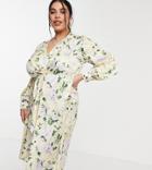 Hope & Ivy Plus Long Sleeve Twist Front Kimono High Low Midi Dress In Pastel Yellow Floral