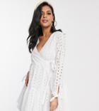 Asos Design Maternity Broderie Wrap Trapeze Tiered Mini Dress In White