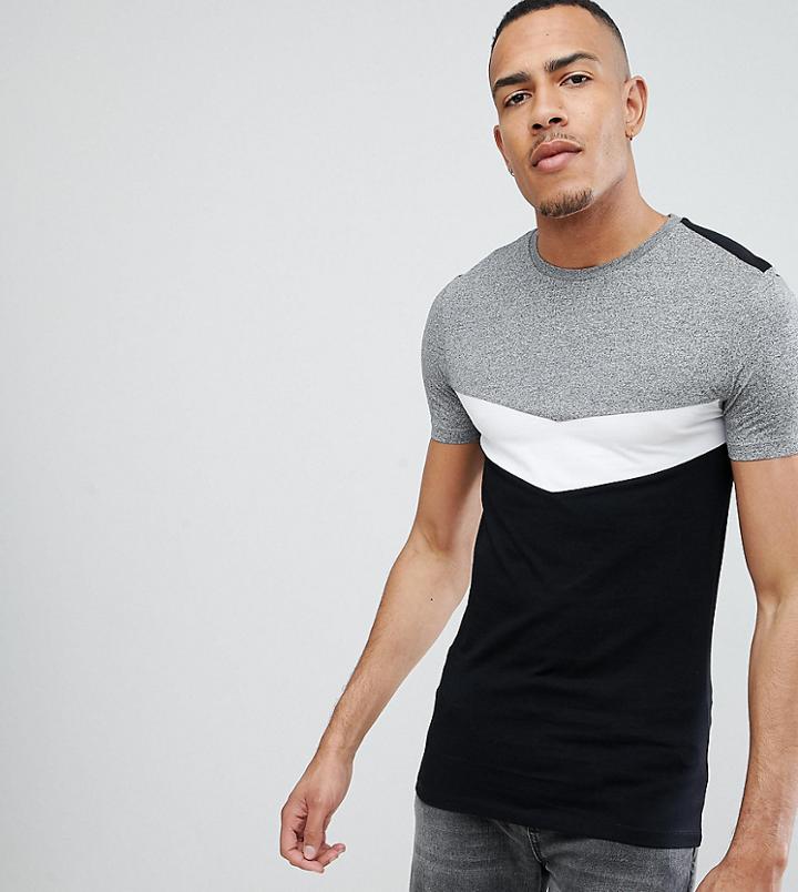 Asos Design Tall Muscle T-shirt With Roll Sleeve And Chevron Color Block In Twisted Jersey - Gray