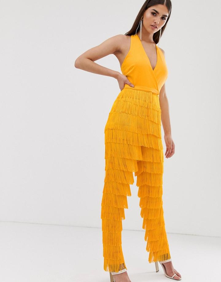 Lavish Alice Halter Neck Plunge Front Fringe Jumpsuit In Golden Yellow - Yellow