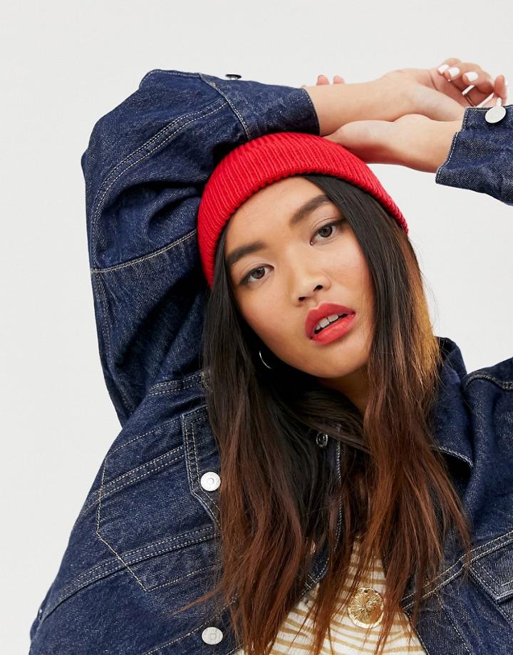 Asos Design Fisherman Rib Beanie In Recycled Polyester In Red