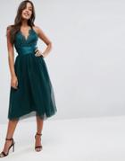 Asos Premium Lace Top Tulle Midi Prom Dress With Ribbon Ties - Green