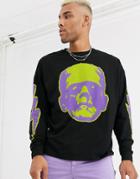 Asos Design Monsters Halloween Oversized Long Sleeve T-shirt With Chest And Sleeve Print-black