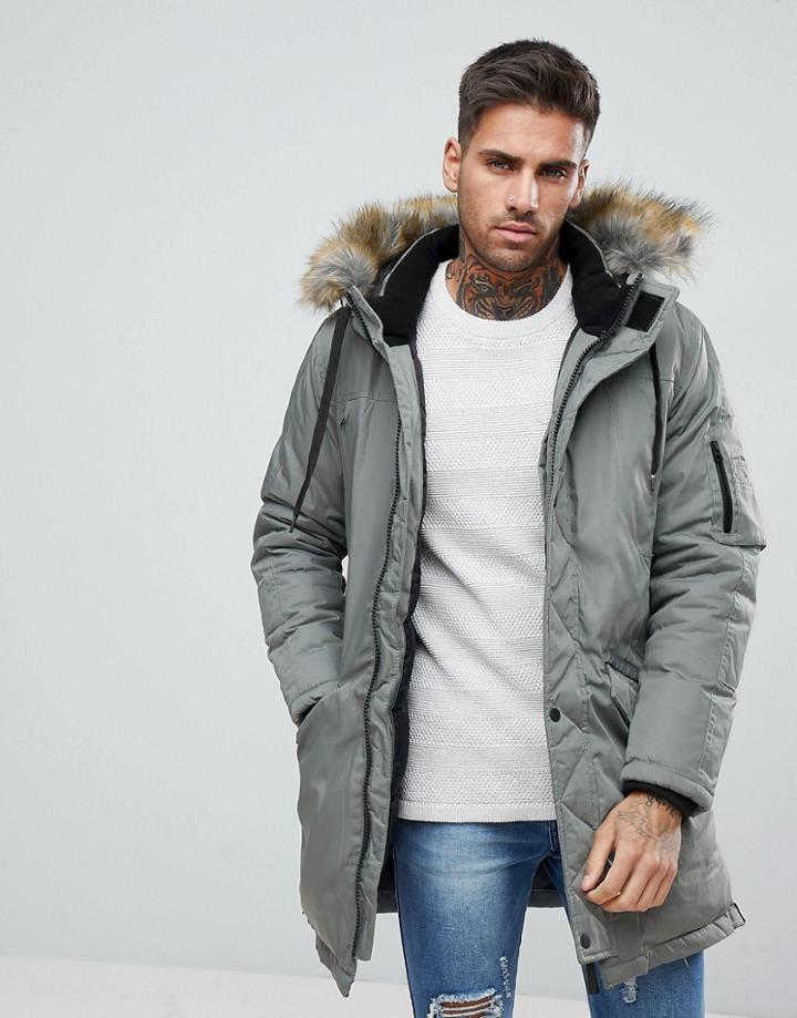 Bershka Parka With Faux Fur Hood In Khaki - Green