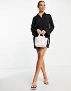 Asos Design Button Up Waisted Mini Shirt Dress In Black