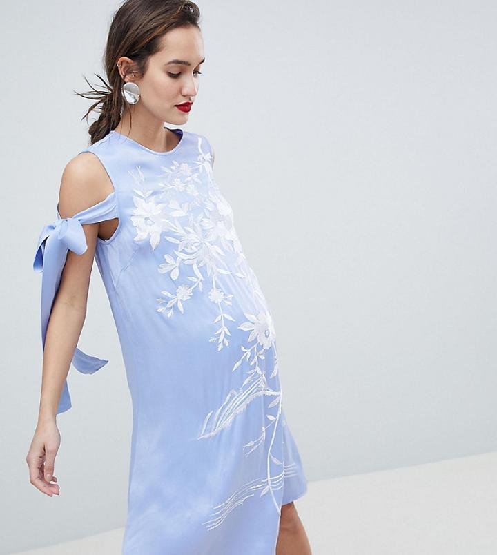 Asos Maternity Cold Shoulder Embroidered Mini Dress - Green