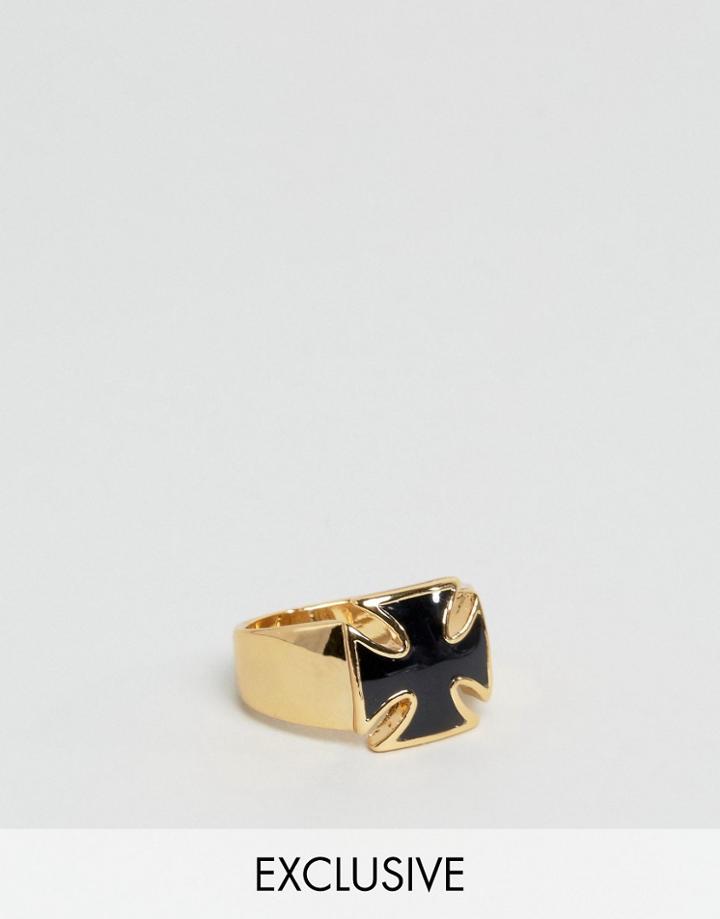 Reclaimed Vintage Black Cross Stone Ring - Gold