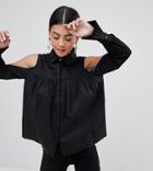 Lost Ink Petite Cropped Shirt With Cold Shoulder And Frill Cuffs - Black