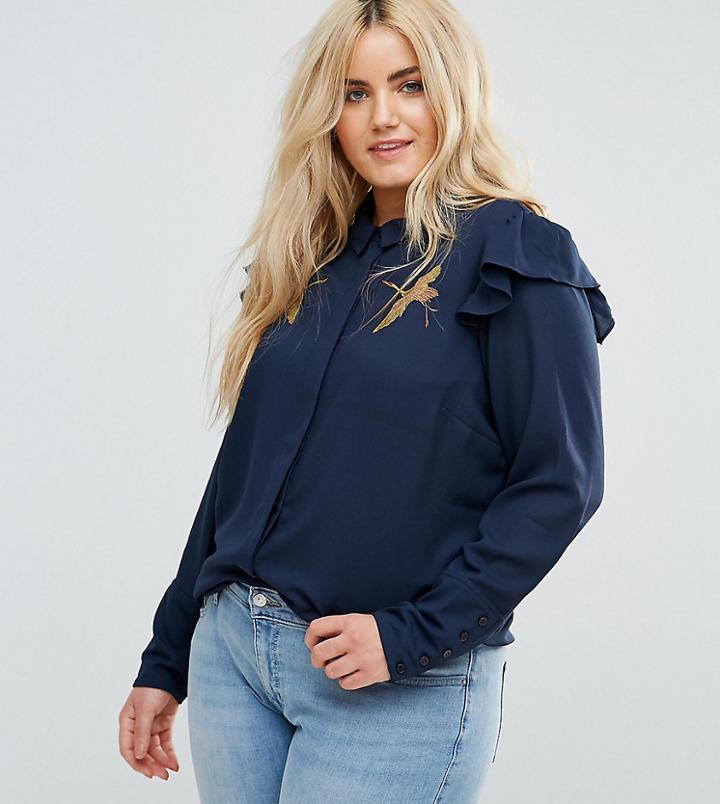 Junarose Embroidered Ruffle Shirt - Navy