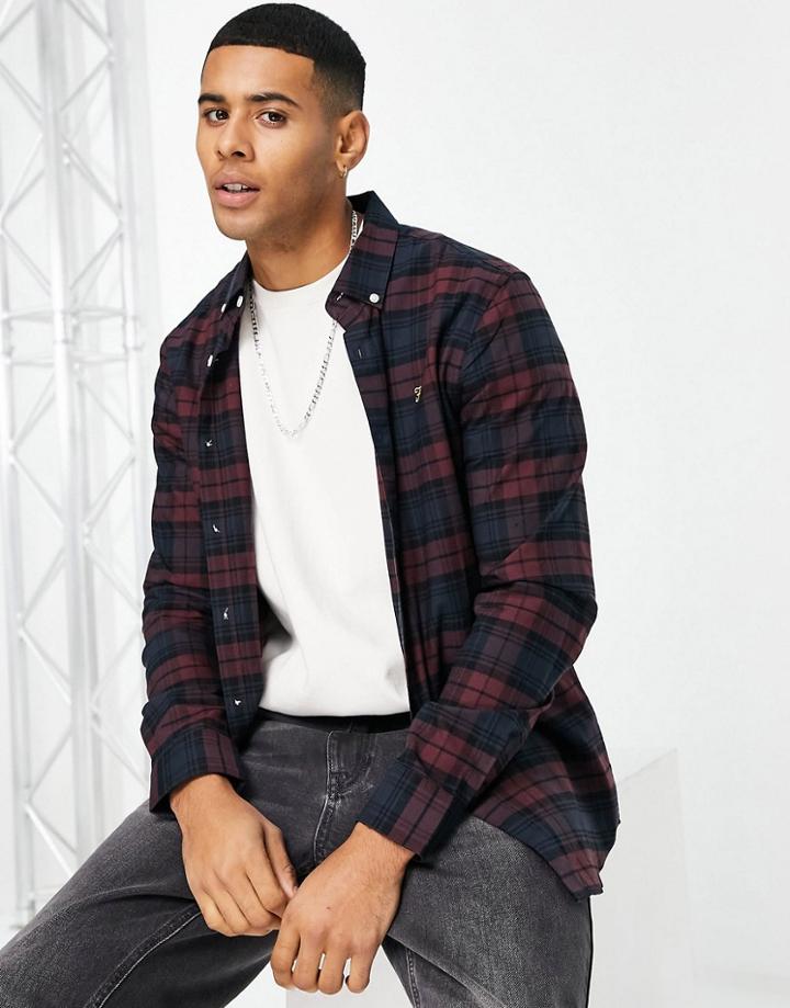 Farah Brewer Slim Fit Organic Plaid Shirt In Burgundy/navy-red