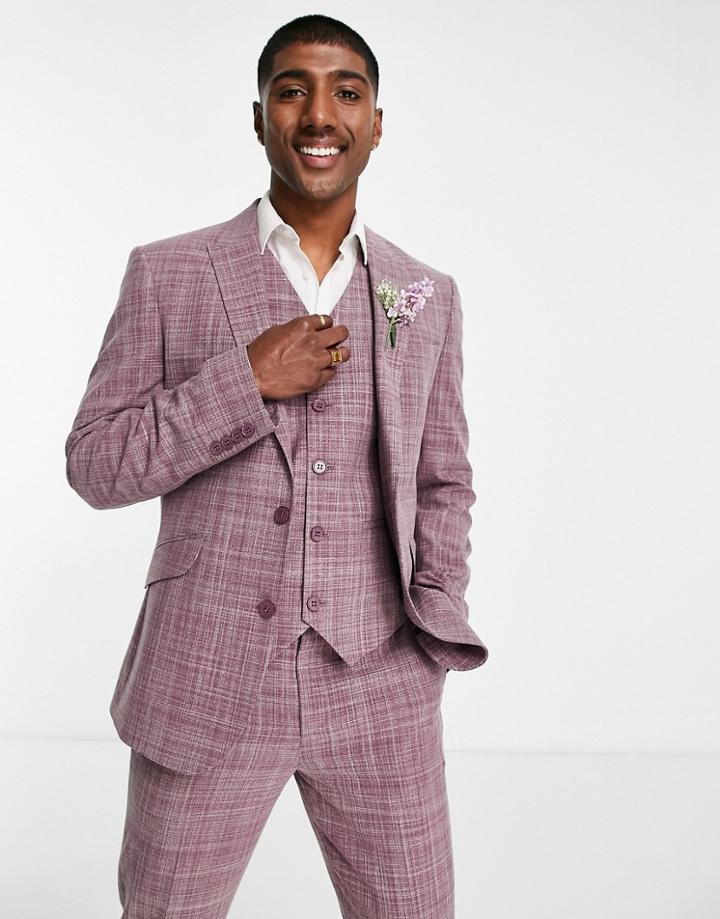 Asos Design Wedding Slim Suit Jacket In Burgundy Crosshatch-red