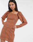 Asos Design Long Sleeve Top With Puff Shoulder In Gingham Check Print Two-piece-multi