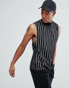 Asos Longline Vertical Stripe Sleeveless T-shirt With Mesh Double Layer - Black