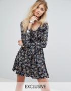Kiss The Sky Tea Dress In Vintage Floral With Ruffle Trim - Black