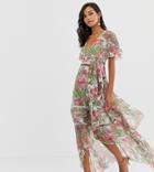 Asos Design Maxi Dress With Cape Back And Dipped Hem In Art Nouveau Print - Multi