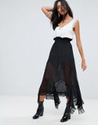 To Be Adored Lilla Silk Skirt With Lace Stepped Hem - Black