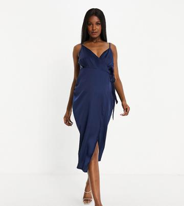 Little Mistress Maternity Satin Wrap Midi Dress In Navy