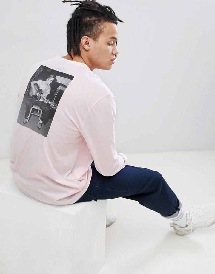 Asos Design Elvis Relaxed Longline Long Sleeve T-shirt With Back Photographic Print And Chest Print - Pink
