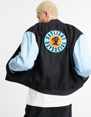 Asos Day Social Leather Varsity Jacket In Black