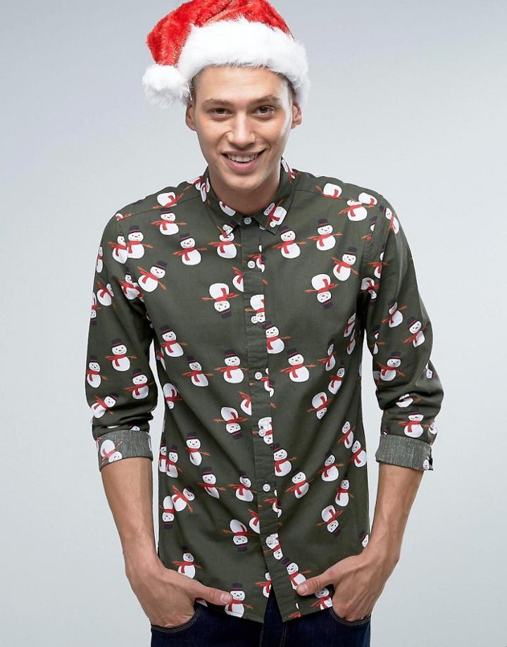 Asos Holidays Snowman Print Shirt In Green - Green