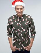 Asos Holidays Snowman Print Shirt In Green - Green