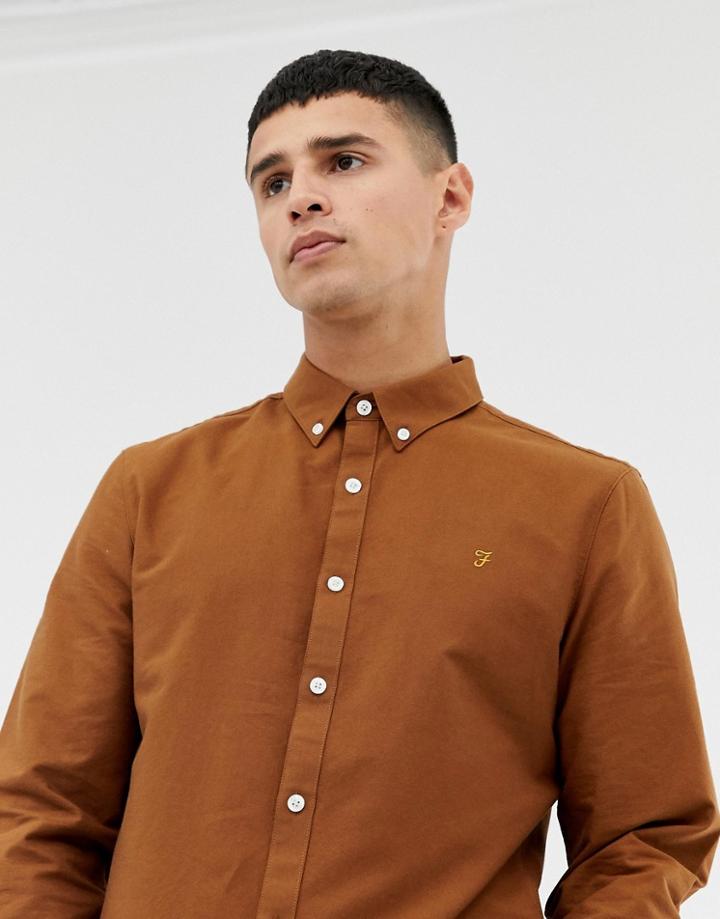 Farah Brewer Slim Fit Oxford Shirt In Tan - Tan