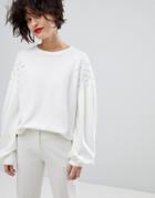 Mango Embellished Balloon Sleeve Sweatshirt Sweater - White