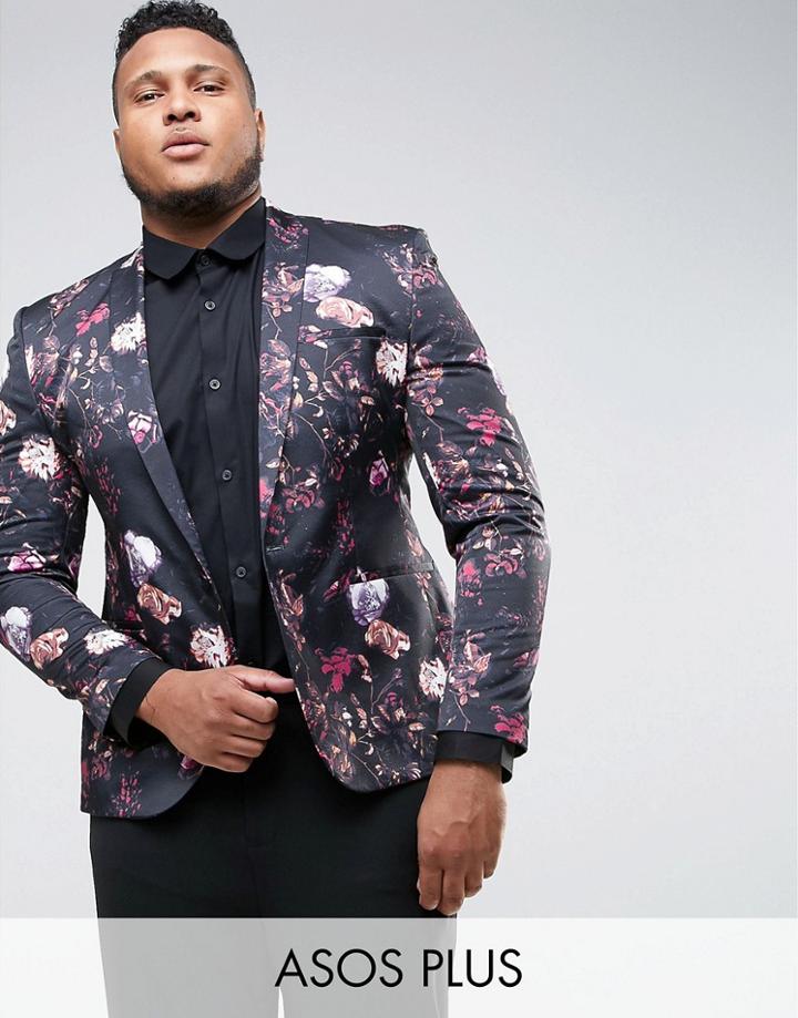 Asos Plus Super Skinny Blazer With Floral Print - Black