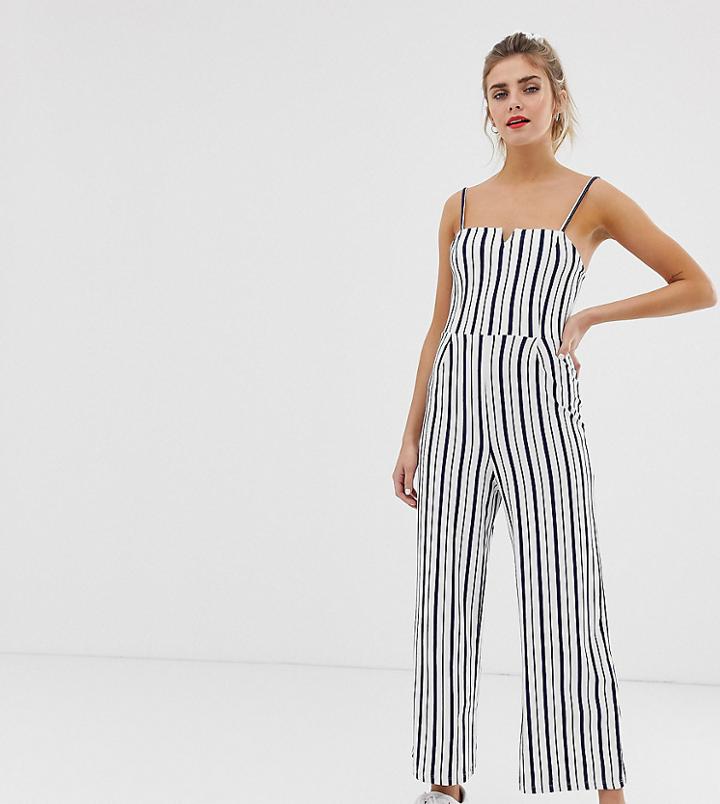 Bershka Striped Jumpsuit In White - White