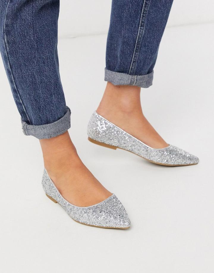 Asos Design Lucky Pointed Ballet Flats In Silver Glitter