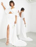 Asos Edition Emma Satin Flutter Sleeve Wedding Dress With Twist Front-white