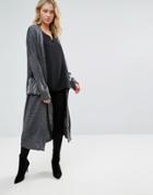 Zibi London Longline Cardigan With Faux Fur Trim - Gray