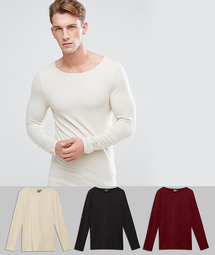Asos Extreme Muscle Fit Long Sleeve T-shirt With Boat Neck 3 Pack Save - Multi