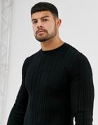 Asos Design Muscle Fit Lightweight Cable Sweater In Black