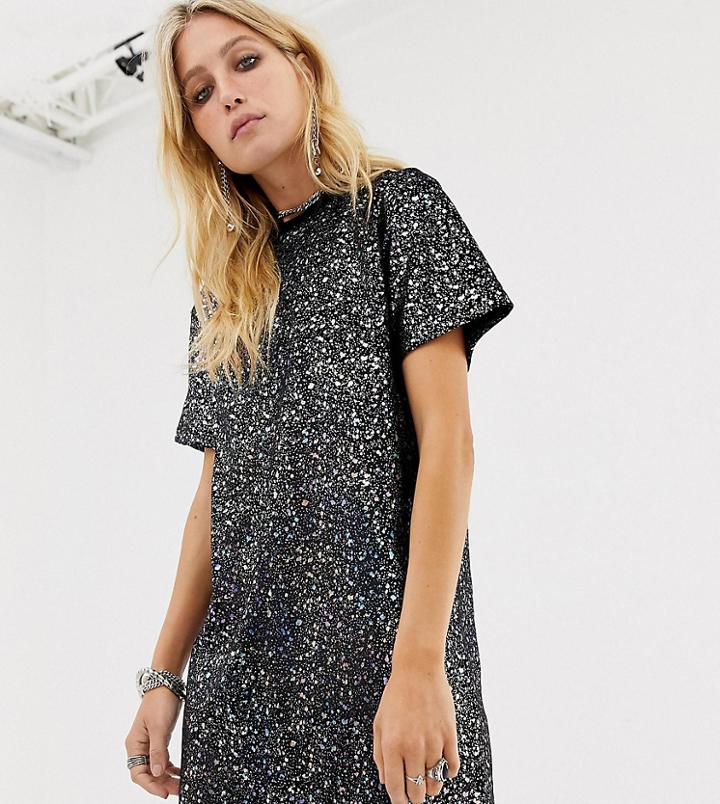 Milk It Vintage T-shirt Dress In Rainbow Foil Print - Black