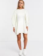 Asos Design Mini Sweat Dress With Puff Sleeves In Cream-white
