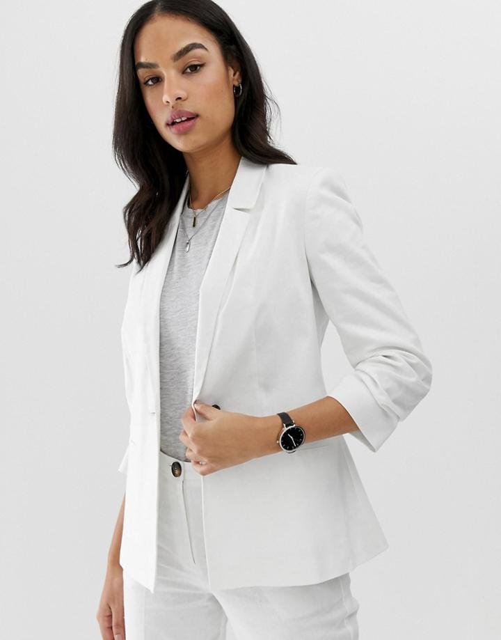 Asos Design Linen Blazer With Ruched Sleeve - White