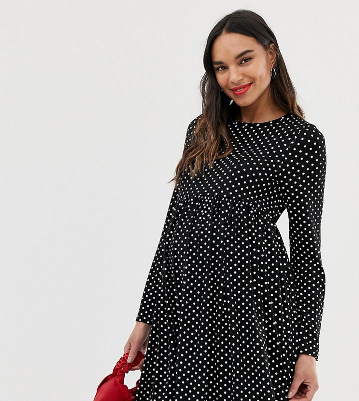 New Look Maternity Long Sleeve Smock Dress In Black Polka Dot - Black