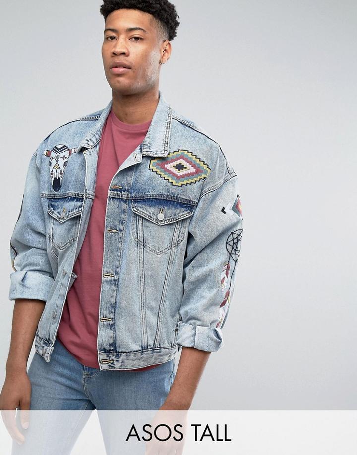 Asos Tall Denim Jacket In Oversized Fit With Embroidery In Blue Wash - Blue