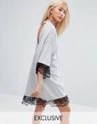 Milk It Vintage Oversized Festival T-shirt Dress With Open Back And Lace Trim - Gray