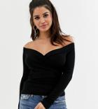 Asos Design Petite Top With Wrap Off Shoulder Front In Black