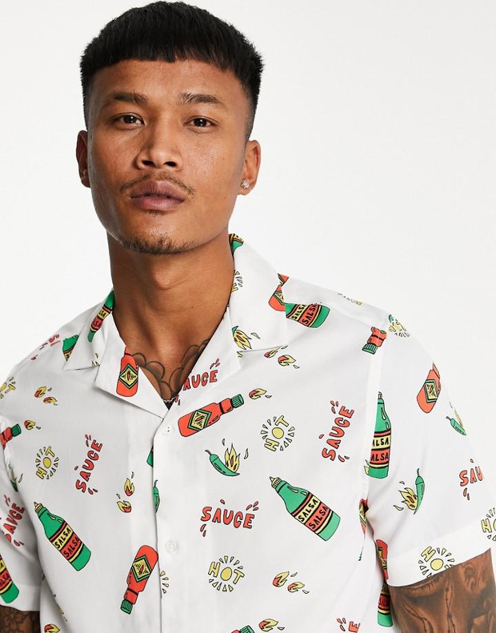 Asos Design Regular Revere Shirt In Hot Sauce Print-white