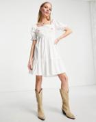 Violet Romance Floral Embroidered Mini Dress With Tie Back In White