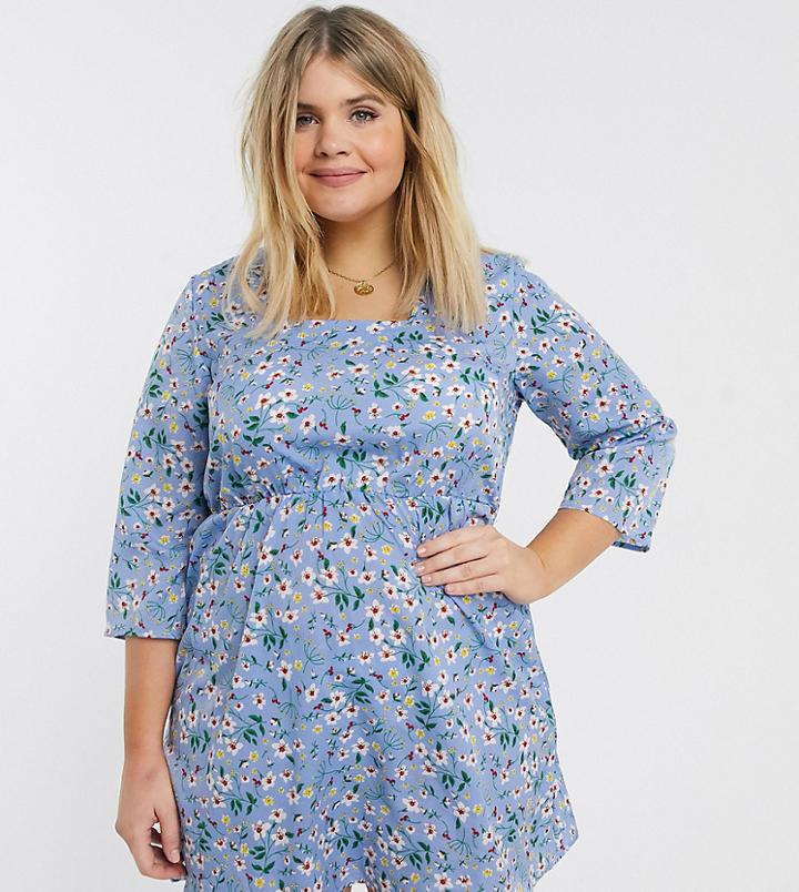 Ax Paris Plus Sqaure Neck Dress In Floral-blues