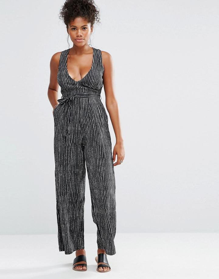 Neon Rose Wrap Stripe Jumpsuit - Black