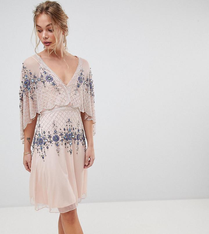 Frock And Frill Premium All Over Embellished Mini Skater Dress With Cape Detail - Pink