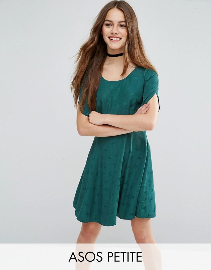 Asos Petite Short Sleeve Bird Jacquard Flippy Mini Dress - Green