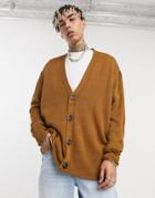 Asos Design Knit Oversized Textured Button Cardigan In Mustard-yellow